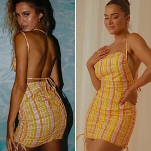 NWT Peppermayo New Dreams Linen Mini Dress Splice Check Yellow Pink sz 8 Ruched